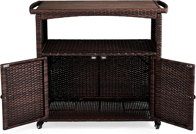 Outdoor Bar Cart with Storage Cabinet, Patio Wicker Sideboard Buffet Cabinet Prep Table, Outside Kitchen Serving Cart with Rolling Wheels & Handles, Brown