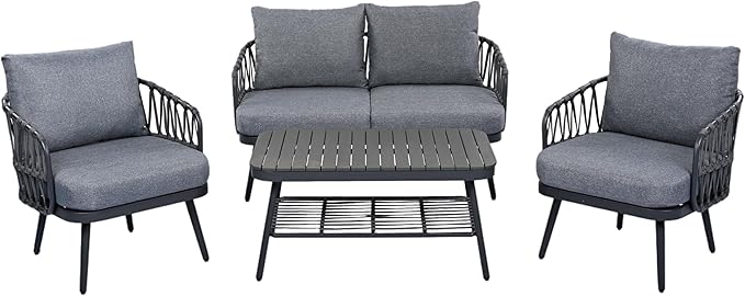 Christopher Knight Home Lena Patio Conversation Set, Two Club Chairs, Rope Woven Loveseat, Metal Frame Armchair, Rectangular Coffee Table, Outdoor Side Table and Chair Set for Backyard, Black+Gray