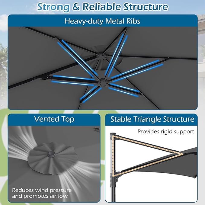 Tangkula 10FT Patio Umbrella, Offset Cantilever Outdoor Umbrella with 360 Degree Rotation, Air Vent, Cross Base for Pool Deck Garden Backyard (Gray)