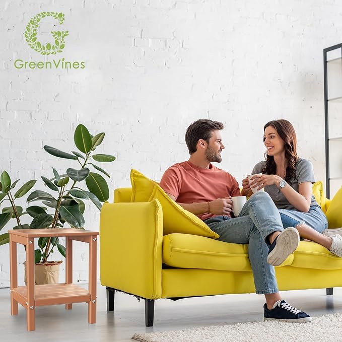 GREENVINES Adirondack-Outdoor-Side-Table | 14 x 13 Inches | HDPE Plastic | All Weather | Teak | Outside End Tables | Storage Shelf | for Patio Porch Backyard Indoor