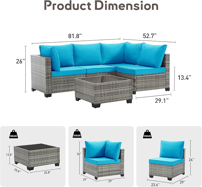Bonzy Home 5 Pieces Outdoor Patio Furniture Set, PE Rattan Outdoor Sectional Furniture Sofa Set with Removable Cover and Glass Coffee Table, Patio Sofa for Balcony, Porch, Garden, (Grey-Turk Blue)