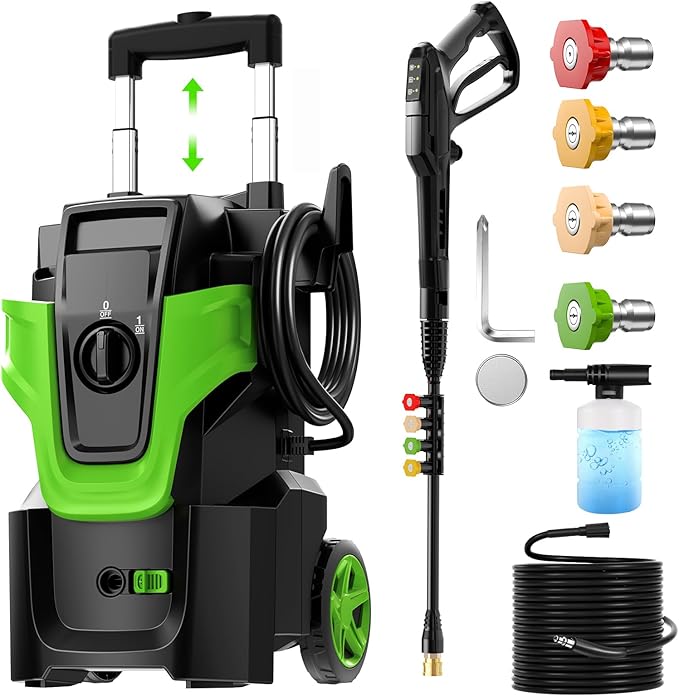 Heavy Duty MAX5000 PSI Pressure Washer, 3-Speed Adjustable Power Washer with 2-Stage Pull Rod, 4 Nozzles, Foam Cannon & 500ml Soap Bottle for Car, Home & Outdoor Cleaning,Green