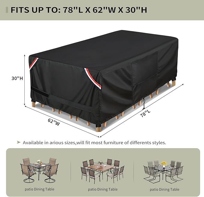 KylinLucky Waterproof Patio Table Cover 78"x62" Heavy Duty 600D, Rectangular Outdoor Table Protector with Security System & Windproof Fit, Black