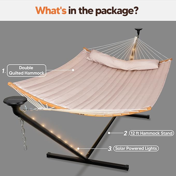 SUNCREAT Hammocks Outdoor 2 Person Hammock with Solar Powered Lights, Double Hammock with 12 ft Stand Included, Tan