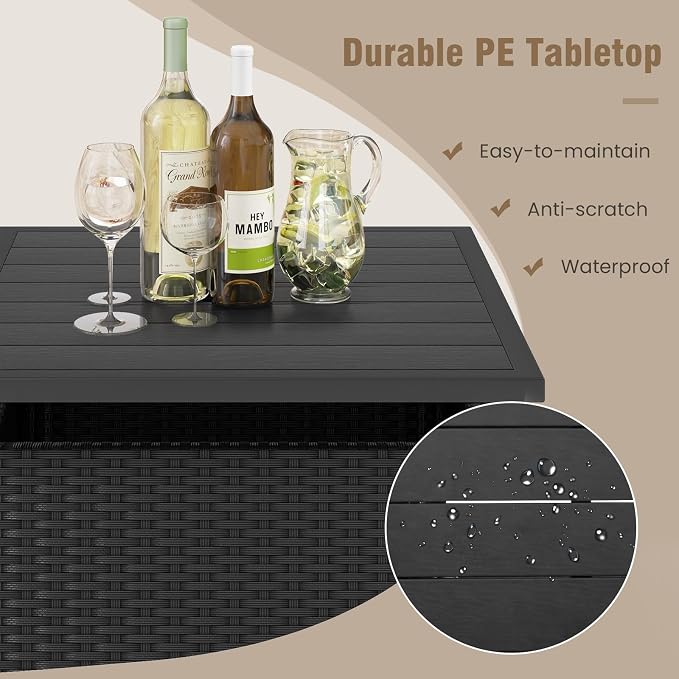 LDAILY Patio Table Umbrella, Outdoor Table with Umbrella Hole, Rattan Patio Side Table with Steel Umbrella Hole, HDPE Desktop & Metal Frame for Deck Garden Poolside Backyard Balcony (Black)