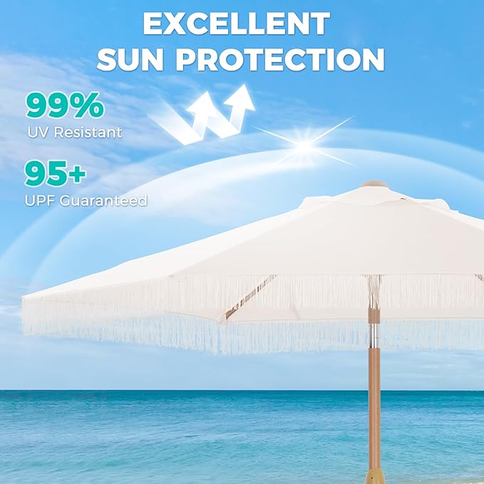 7.5ft Fringe Umbrella,Outdoor Market Umbrella with Push Button Tilt and Crack for Garden, Pool, Deck, Bistro, Beige