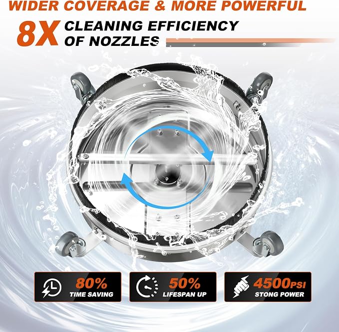 20" Pressure Washer Surface Cleaner, 4500PSI Stainless Steel Surface Cleaner for Pressure Washer with 4 Wheels, Power Washer Surface Cleaner for Concrete, Patio, Sidewalk, Deck and Driveways