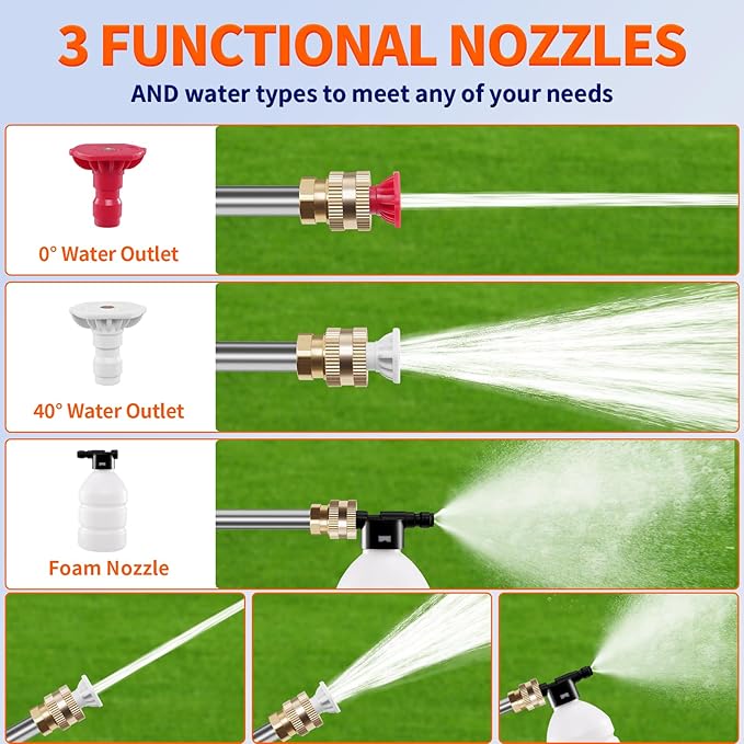 21V Cordless Pressure Washer with 2*2000mAh Battery, 1500W Portable Pressure Washer, High Jet Washer Kit with 2 Nozzles(0°,40°), 16.4FT Hose, Connector, Foam Bottle Pressure Cleaner for Car