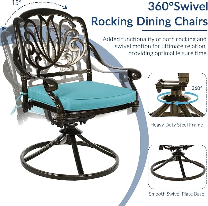 9-Piece Patio Cast Aluminum Dining Set, Outdoor Dining Furniture Set for 8 Person, Includes 64" Square Table, 4 Stationary and 4 Swivel Dining Chairs with Umbrella Hole, Ocean Blue