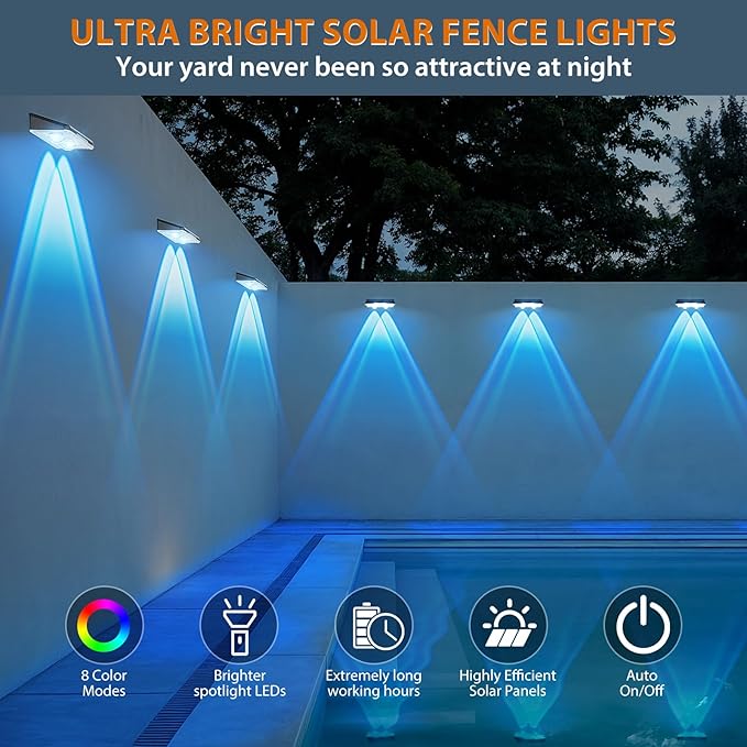 Solar Fence Lights Outdoor, 7 Fixed Colors ＆ Color Changing IP65 Waterproof Solar Powered Lights Outdoor for Backyard/Patio/Fence/Wall/Deck/Step/Porch/Railings/Pool (12pack)