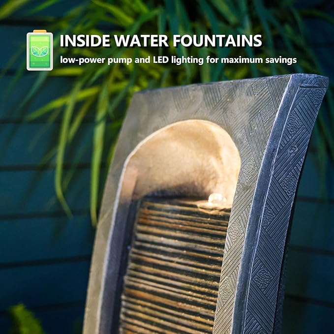 Modern Indoor Water Fountain Curved Faux Slate Waterfall Fountain with LED Lighting, 42.5-Inch Tall Tiered Waterfall for Garden, Patio, Backyard Decor - Durable and Weather-Resistant Design