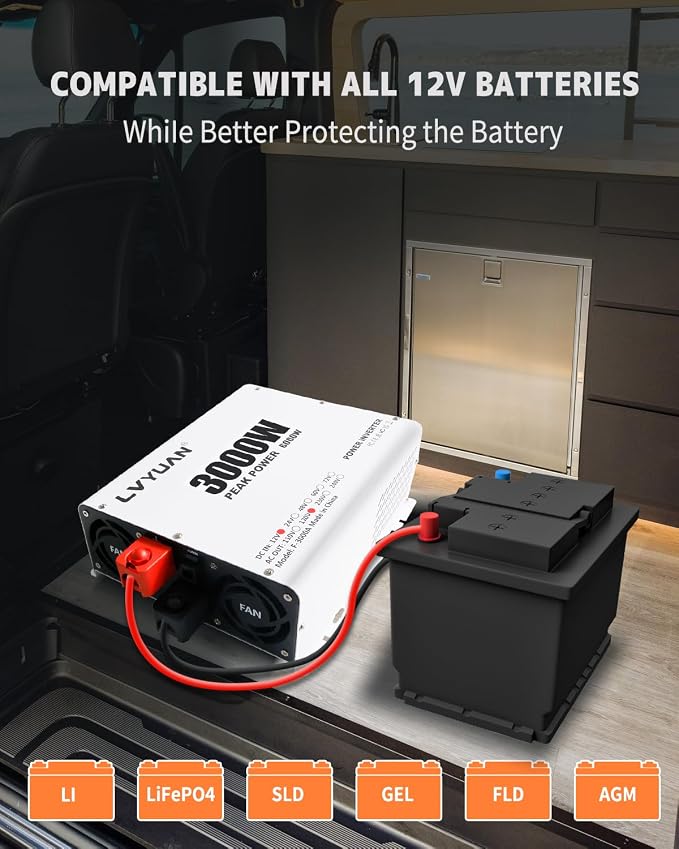 LVYUAN 3000 Watt Power Inverter 12V to 110V 120V DC to AC Converter for Home RV Vehicle Outdoor Camping Car Power Inverter with 4 AC Outlets, LCD Display, USB Charge Port, Remote Control