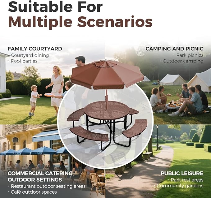 46" Coated Round Metal Picnic Table for 4-8 Person, Durable Heavy Duty Commercial Picnic Table with Umbrella Hole for Outdoor Coffee Shop, School, Easy to Install, Brown
