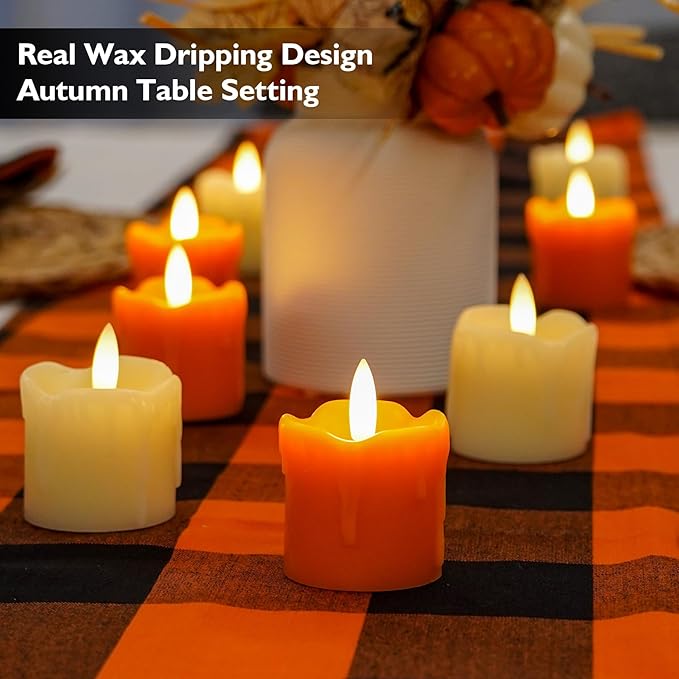 Rhytsing 2 inches Orange Flameless Votive Candles Real Wax Dripping Design, LED Faux Battery Operated Tealight Candles with Timer for Fall and Halloween, Batteries Included - Set of 4