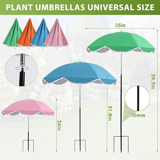 LCHUANG 4Pack Plant Umbrellas for Outdoor, 24inch Plant Shades for Outdoor with Durable 39.5'' High M-Shaped Plug for Stronger Wind Resistanc Flower, Potted, Garden Beds