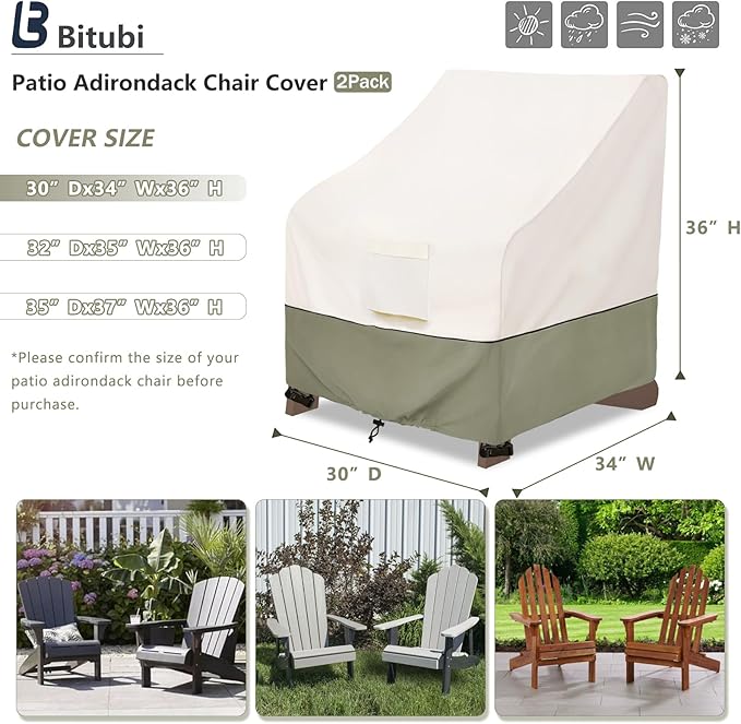 Bitubi Waterproof 2 Pack Patio Adirondack Chair Cover for Outdoor Chair Size Up to 30W x 34D x 36H inch,Outdoor Lawn Patio Furniture Covers (Beige)