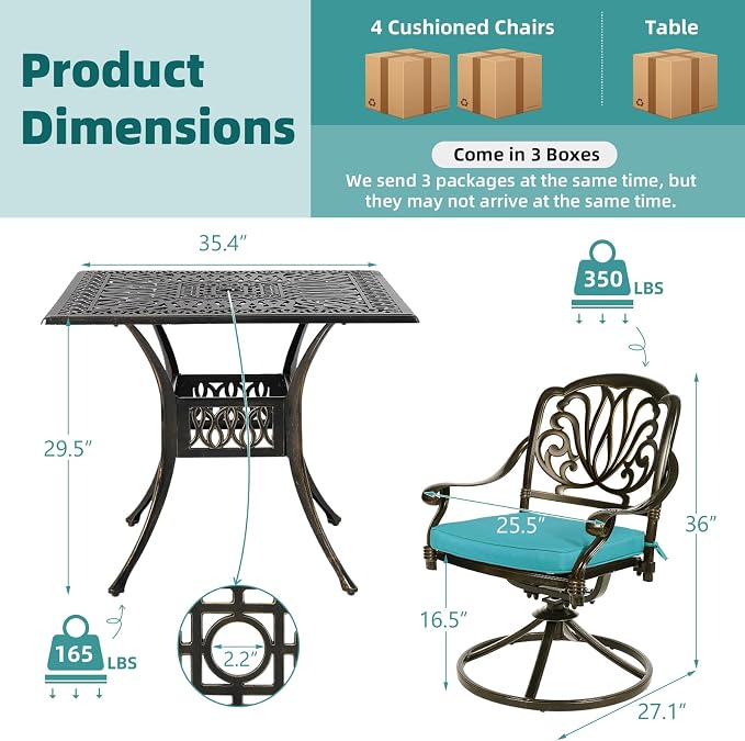 MEETWARM 5-Piece Outdoor Patio Dining Set, All-Weather Cast Aluminum Patio Conversation Set for Backyard Garden Deck with 4 Cushions Swivel Rocker Chairs and 35.4" Square Table, Ocean Blue