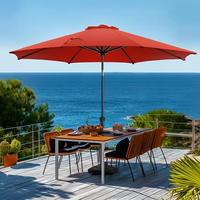 wikiwiki 10 FT Patio Umbrellas Outdoor Table Market Umbrella with Push Button Tilt/Crank, 8 Sturdy Ribs, Fade Resistant Waterproof POLYESTER DTY Canopy for Garden, Lawn, Deck, Backyard & Pool, Red