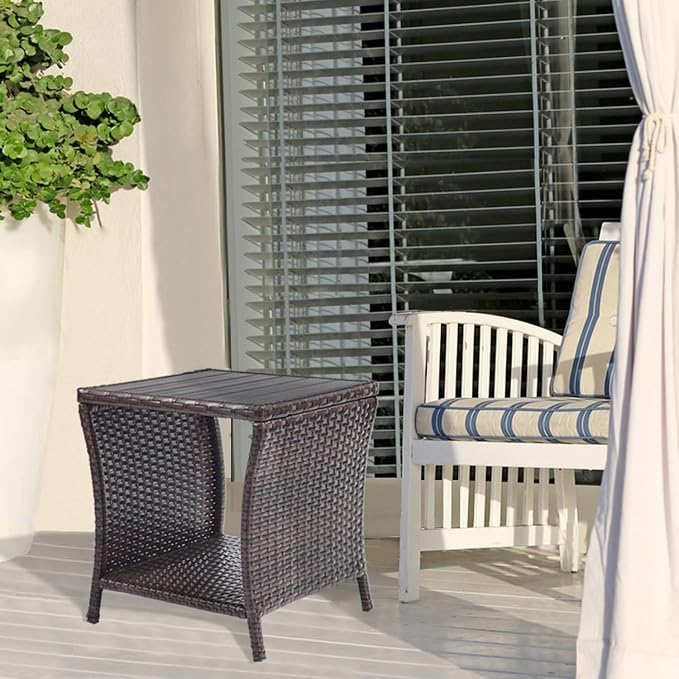 Outdoor Patio Side Table Set of 2 Small Brown Wicker Rattan End Table for Outside Storage Coffee Table with Poly Lumber Table Top for Garden Lawn Pool Porch Deck