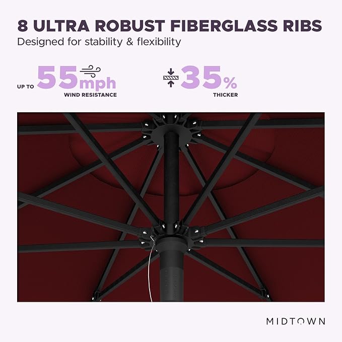 Midtown Umbrellas Push & Pop 8 Ft Patio Umbrellas with Push & Pop Mechanism, Fiberglass Ribs & Sunbrella Fabric – Outdoor Umbrella for Deck, Pool, Cafés and Hotels – Burgundy Canopy, Black Pole