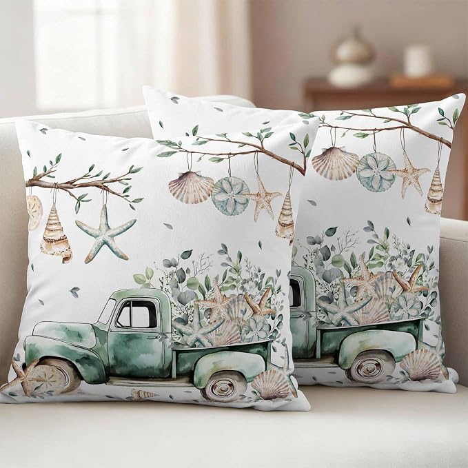 Sage Green Truck Outdoor Waterproof Throw Pillow Covers Set of 2, 26"x26", Ocean Starfish Shell Summer Leaf Decorative Pillow Covers Outside Cushion Case for Patio Porch Garden