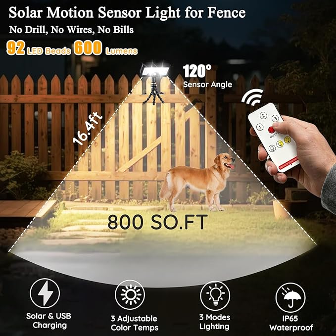 Motion Sensor Solar Lights Outdoor with Octopus Tripod, 360° Rotatable 600LM 92 LED Fence Light with Remote Control, 3 Color Modes, IP65 Waterproof Security Light for Deck Fence Camping (1 Pack)
