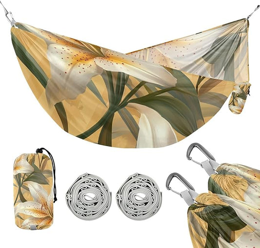 White Lily Flower Light Yellow Stripes 330lb Capacity Outdoor Hammock with Hanging Rope Hanging Hammock for Outside Beach Patio Garden para ir de Camping