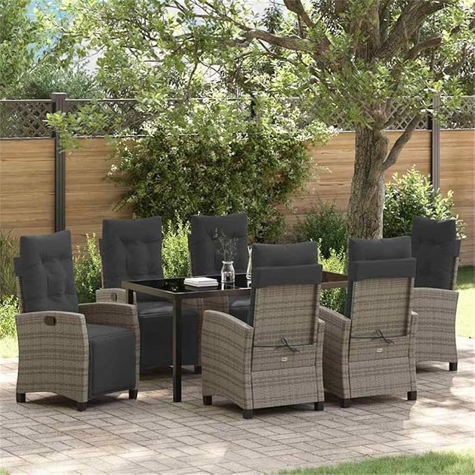 Afuera Living 7 Piece Poly Rattan Patio Dining Set, Gray Woven Texture, Glass-Topped Table, Steel Frame, Cushioned Chairs with Adjustable Backrests, Modern Outdoor Furniture for Garden or Terrace