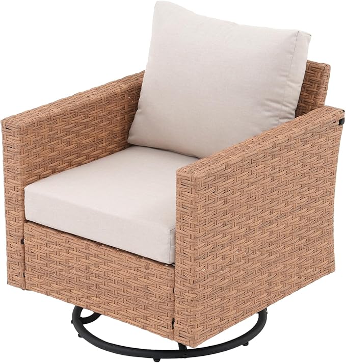 SUNSITT Patio Swivel Rocker Chair, Wicker Swivel Chairs Outdoor Seating Furniture with Thick Comfy Cushions, for Porch, Balcony, Deck, Natural Rattan Color