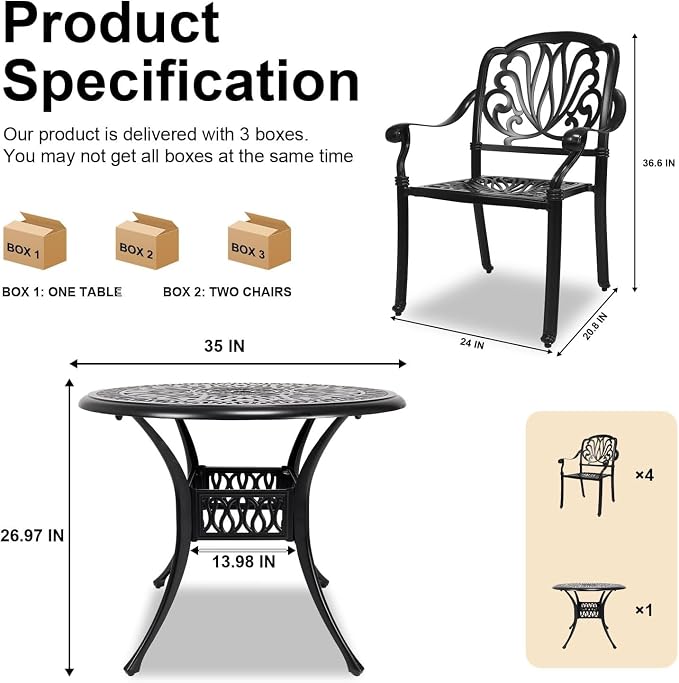5 Piece Cast Aluminum Patio Dining Set, All Weather Outdoor Dining Furniture Set Includes 4 Chairs and 1 Round Table with Umbrella Hole for Garden,Deck, Balcony,Backyard, Black
