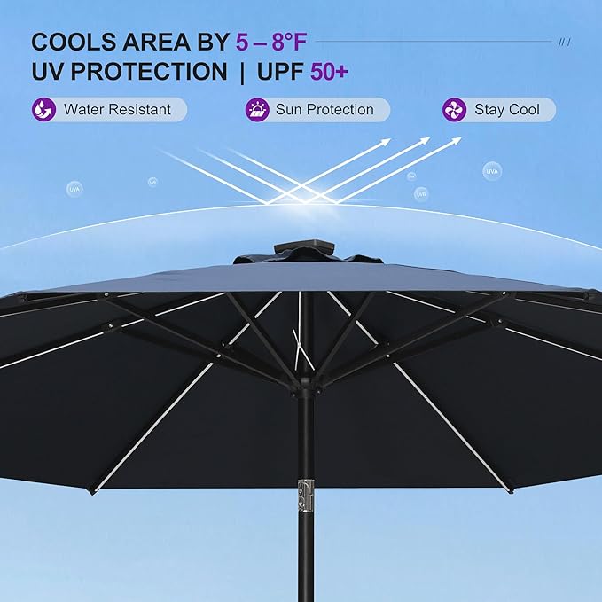 PURPLE LEAF 10' Round Patio Umbrella with Solar LED Outdoor Table Umbrella Aluminum Frame Market Umbrella with 8 Sturdy Ribs & Tilt for Garden Deck Lawn Pool Navy Blue