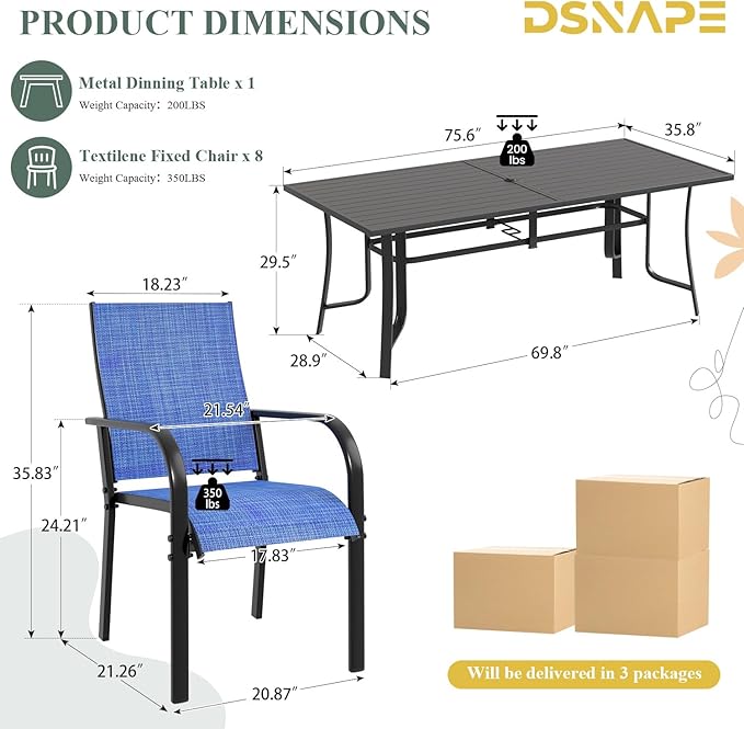 9 Pieces Patio Table and Chairs Set, 75.6" Metal Dining Table with Umbrella Hole & 8 Textilene Fixed Chairs, Dining Table Set for 8, Outdoor Furniture for Porch Deck Backyard Balcony, Blue