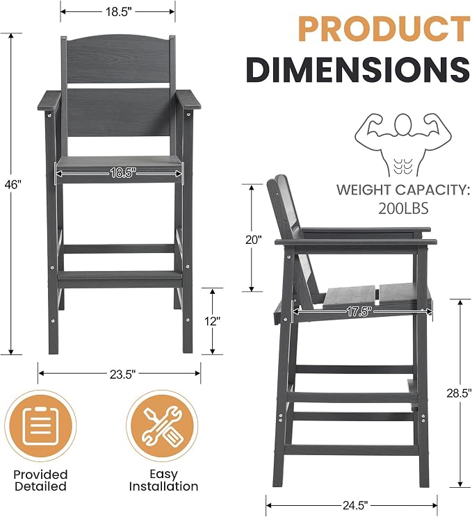 6 Pack Outdoor Bar Stools, HDPE Patio Bar Chairs with Armrests & Footrest, Weather Resistant All-Weather Counter Height Chairs for Outdoor Deck, Backyard, Poolside,Grey
