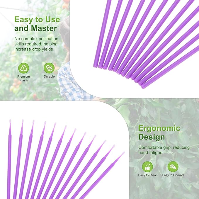 M METERXITY 100-Pack Pollinator Brush, 0.06inch/1.5mm Plastic Vegetable Pollinator Pen Manual Pollination Tool for Gardening/Greenhouse/Hydroponic Plants/Flower [Dark Purple]