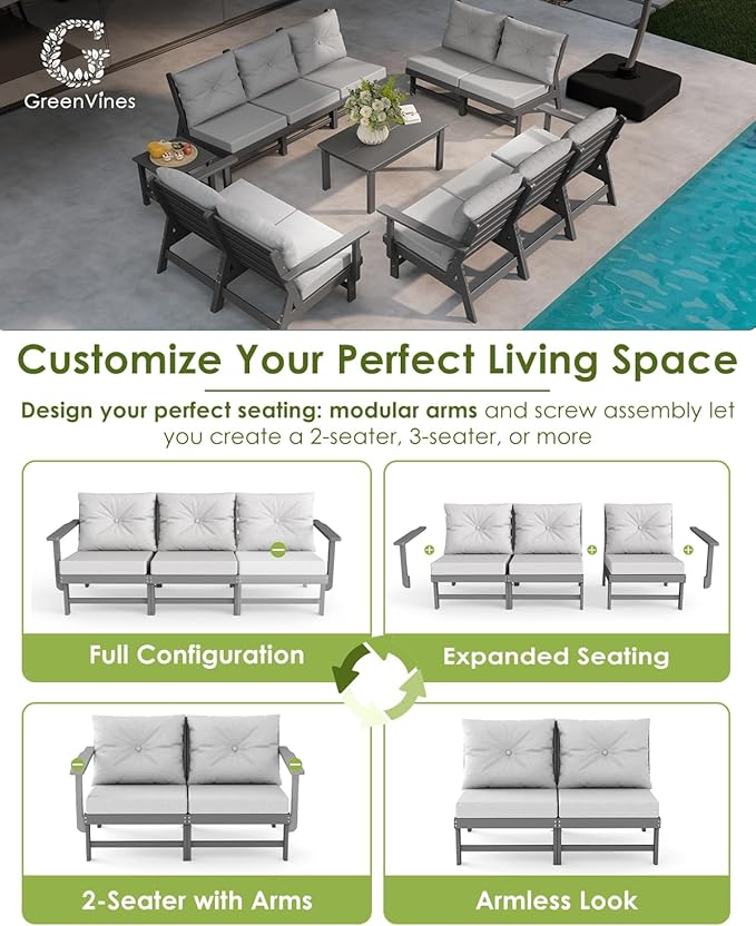 GREENVINES Outdoor-Couch | HDPE Plastic | Patio Sectional Conversation Set | All Weather Couches | Sofa with Detachable Armrests | for Porch Deck Lawn | Gray Frame Light Gray Cushion
