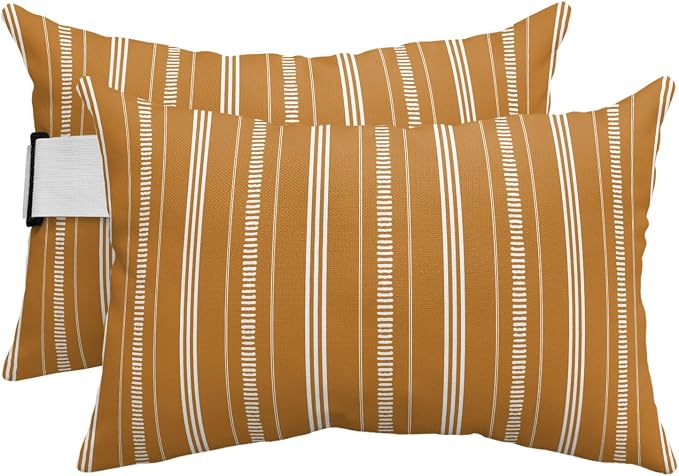 Outdoor Lumbar Pillows 12x20 Set of 2, Boho Burnt Orange Waterproof Throw Pillow Covers with Insert, Minimalist Farmhouse Striped Decorative Support Pillows for Lounge, Chaise