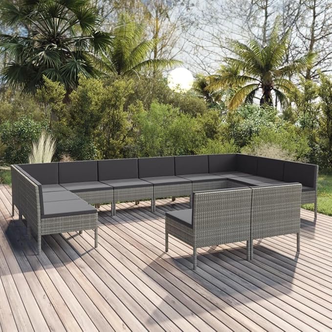 12 Piece Patio Lounge Set with Cushions,Patio Sofa,Outdoor Daybed,Outdoor Furniture Sets,Patio Seating,Patio Conversation Sets,Modern Set,Patio Furniture Set,Front Porch Furniture Poly Rattan Gray