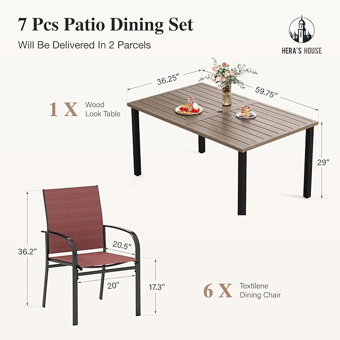 HERA'S HOUSE Patio Table and Chairs for 6, 7 Pieces Outdoor Deck Dining Sets, Wood-Like Rectangular Metal Table Set with Chairs for Lawn Garden Backyard, Red