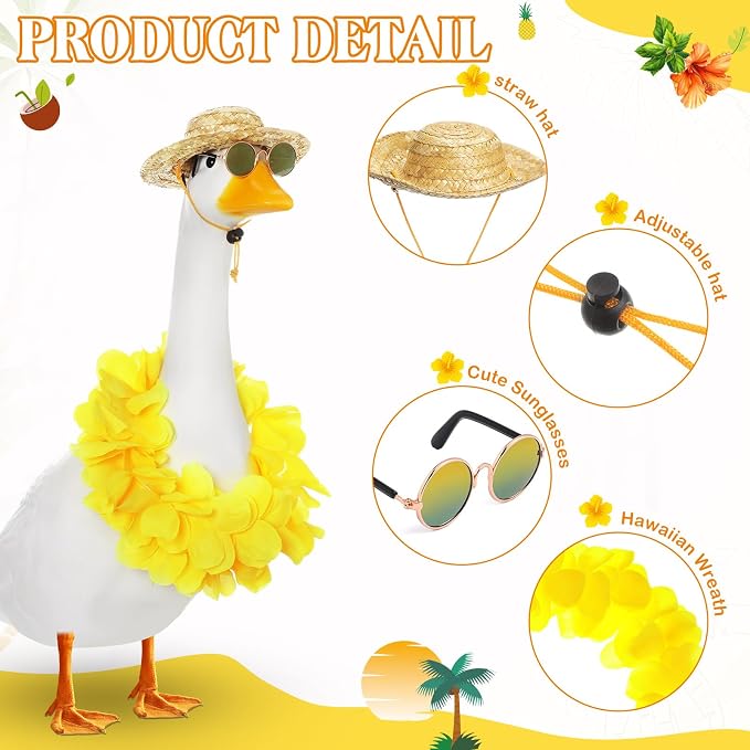 Shyyween Summer Porch Goose Outfits for Plastic Goose 23/17'' Hawaiian Lawn Patio Statue Clothes Straw Hat and Hawaiian Lei Costume(Yellow)