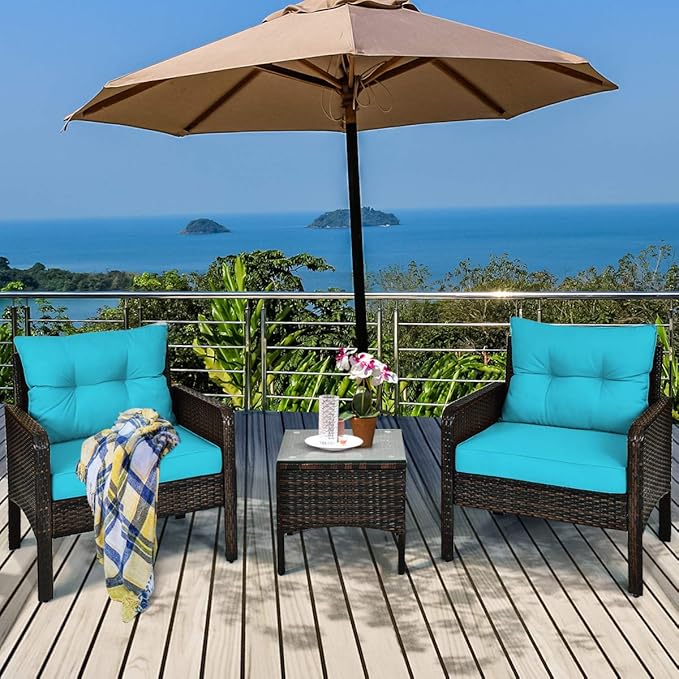 Tangkula 3 Piece Wicker Chairs with Glass Top Coffee Table, Thick Cushions, All Weather Garden Lawn Poolside Backyard Porch Outdoor Patio Furniture Set for 2 (Turquoise)