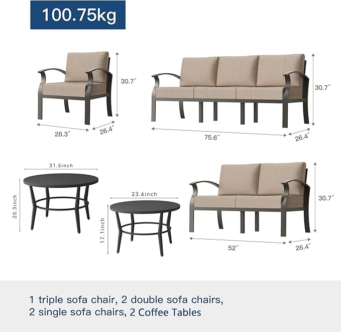 Kullavik Aluminum Patio Furniture Set with 2 Round Coffee Tables,7-seat Metal Outdoor Sectional Furniture w/5.1" Cushions,Patio Conversation Sets for Garden,Backyard,Porch-Sand