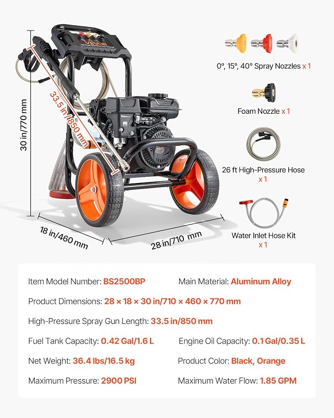 VEVOR Gas Pressure Washer 2900 PSI and 1.85 Max GPM, Upgrade Aluminum Pump with Spray Gun and Wand, 4 Nozzle Set, Low Profile Power Washer for Cars, Fences, Driveways, Homes, Patios, Furniture