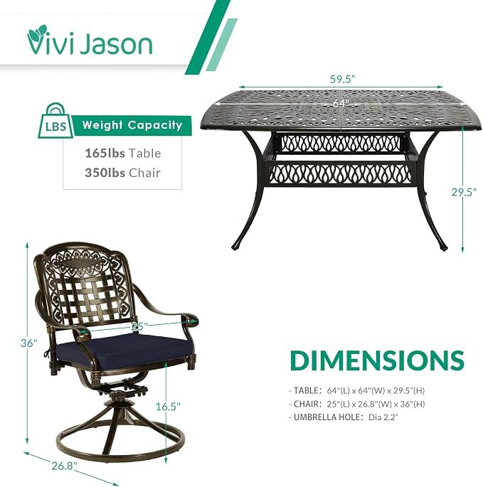 VIVIJASON 9-Piece Outdoor Dining Furniture Set, Cast Aluminum Patio Table & Chairs Set for 8, Include Large 64" Square Dining Table and 8 Swivel Rocker Chairs with Umbrella Hole, Navy Blue