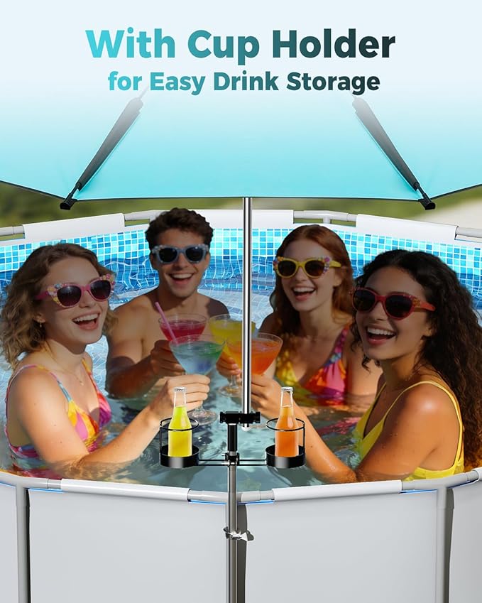 Above Ground Pool Shade Umbrellas - Outdoor Sunshade Canopy with 2 Pack Cup Holders Fits Most Oval Rectangular Swimming Pools - Patio Umbrella for Garden, Beach, Backyard, Poolside Accessories