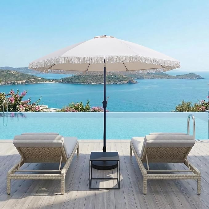 9FT Outdoor Patio Umbrella with Fringe Tassel, Table Umbrella with Aluminum Pole & 8 Fiberglass Ribs, 180G Waterproof Polyester Fabric, Ideal for Patio, Backyard, Deck, Off White
