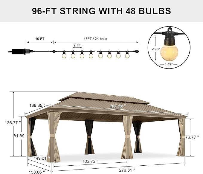 PURPLE LEAF Outdoor Gazebo 14'X24'，Champagne Hardtop Gazebo with Galvanized Steel Double Roof, Permanent Patio Gazebo with Curtains and Netting for Patio Lawn Garden and Deck