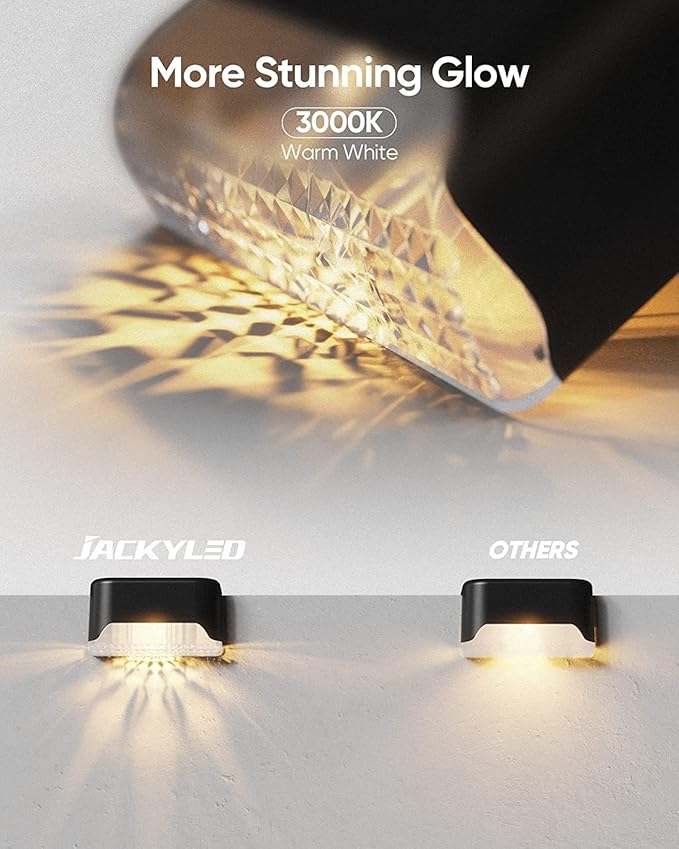 JACKYLED Solar Deck Lights,Outdoor Fence Light,16 Pack Solar Step Lights Waterproof LED Solar Powered Lighting for Outdoor Stairs, Fence, Deck,Patio Railing,Pathway,Driveway,Warm White,Black