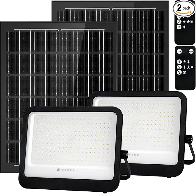 Leddictive 2 Pack LED Solar Lights Outdoor 7000K, 3500LM Solar Powered Flood Lights with 3 Modes, Dusk to Dawn Outdoor Lighting with Remote, IP65 Waterproof, 16.4 Ft Cable for Yard Garage Porch