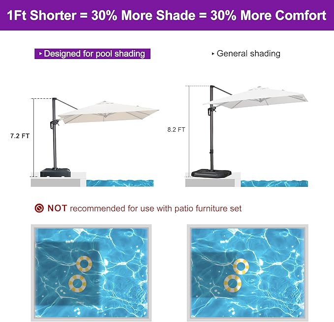PURPLE LEAF 8' X 8' Patio Umbrella with Base for Pool 7' High Offset Outdoor Cantilever Umbrella Swimming Pool Umbrella with 360°Rotation for Poolside Beige