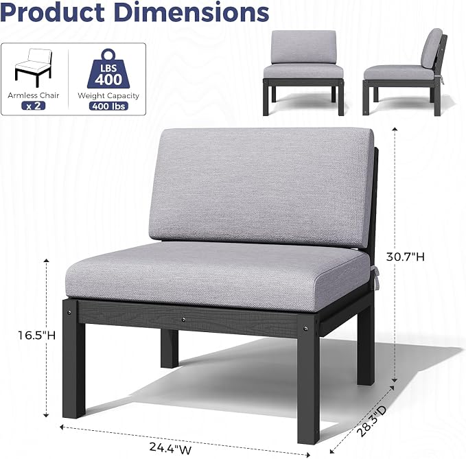 Outdoor Patio Chairs Set of 2, HIPS Modular Sectional Seatings & Thick Cushions– Side Interlock Easy to Connect, Weatherproof Patio Furniture Set for Backyard, Deck, Poolside (Black)